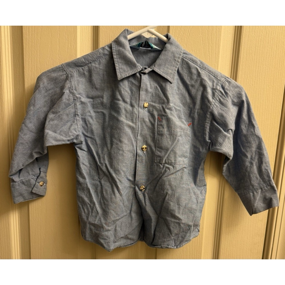 Vintage 90s Paradise Park Button Up Long Sleeve Shirt Boys Size 4/5 Blue Rare